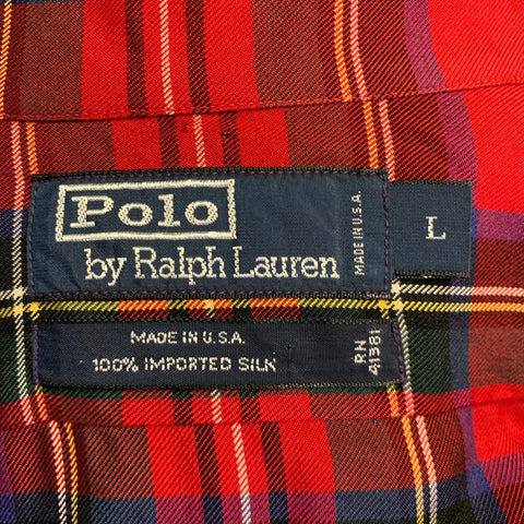 POLO by RALPH LAUREN Size L Red Green Plaid Silk 2 Pockets Long Sleeve Shirt