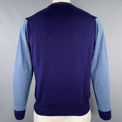 ETRO Size L Navy Grey Color Block Wool V-Neck Cardigan