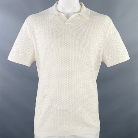 REIGNING CHAMP Size XL Victor Cream Mesh Knit Cotton Linen Open Collar Polo