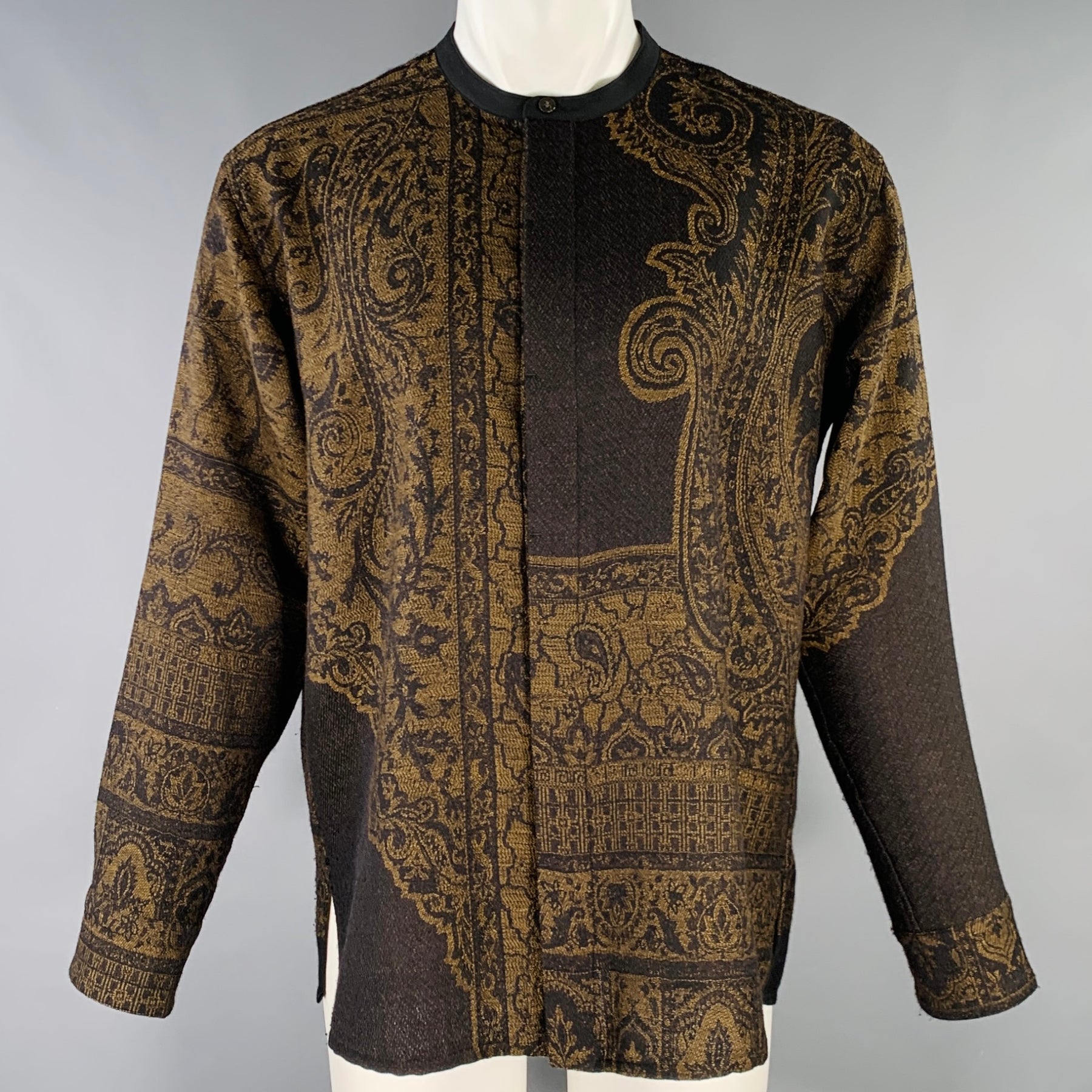 トップス YANTOR Paisley Jacquard Wool Shirts YANTOR Size M Brown Black Paisley Wool Collarless Long