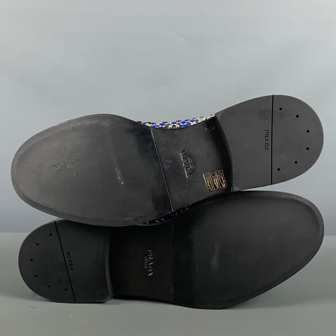 PRADA Size 9 Black Silver & Blue Studded Leather Lace-Up Shoes