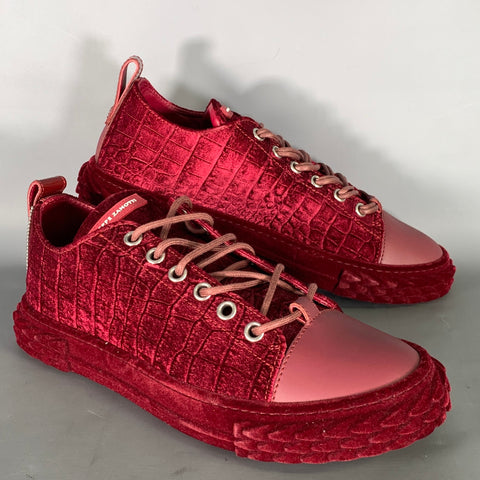 GIUSEPPE ZANOTTI Size 10 Burgundy Multi-Color Embossed Velvet Low Top Sneakers