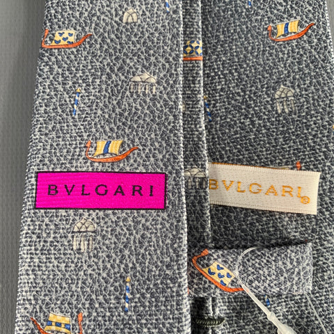 BULGARI Blue Orange White Seascape Silk Tie