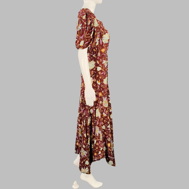 ULLA JOHNSON Size 4 Heleen Burgundy Multi Color Silk Floral Short Sleeve Dress