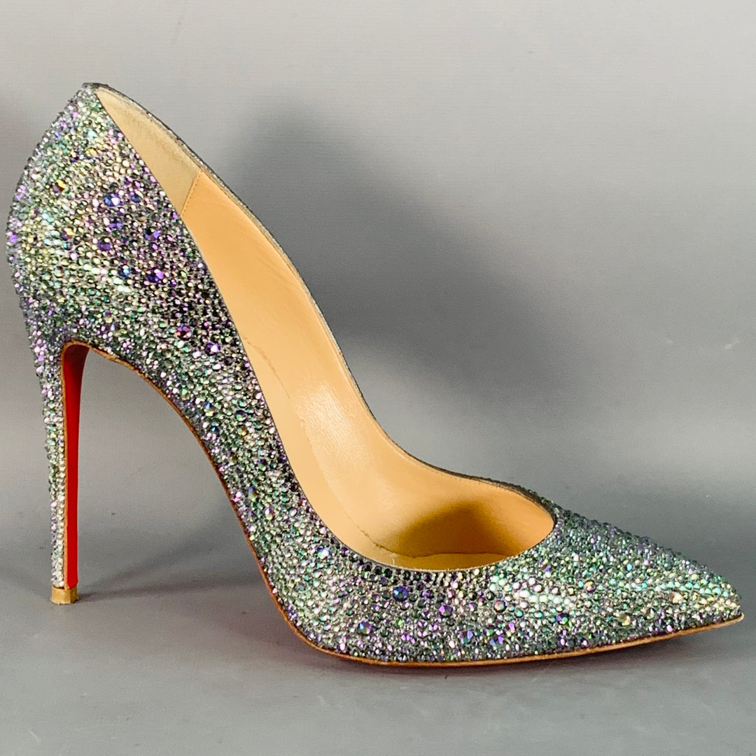 CHRISTIAN LOUBOUTIN Size 9.5 Kate Strass Multi Color Red Suede Rhinestones Pointed Toe Pumps