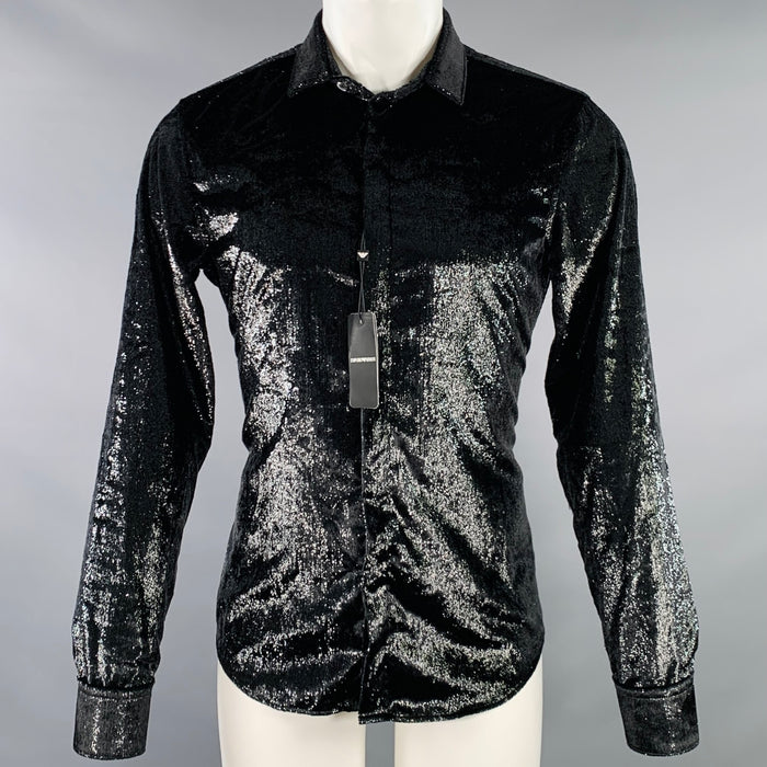 EMPORIO ARMANI Size M Black Metallic Polyester Blend Long Sleeve Shirt