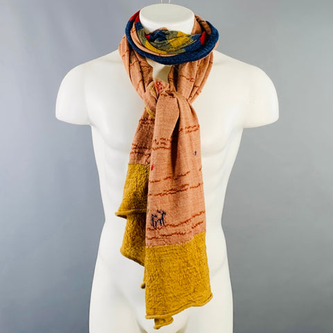 KAPITAL Orange Multi Color Trees Squares Oversized Wool Scarf
