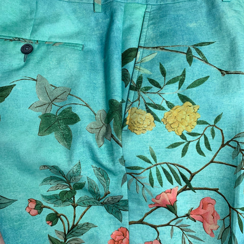 GUCCI SS16 Size 42 Green Multi Color Floral Cotton Slim Fit Notch Lapel Suit