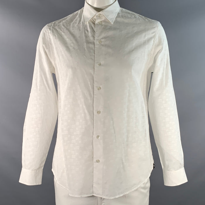 EMPORIO ARMANI Size L White Squares Cotton Blend Button Up Long Sleeve Shirt
