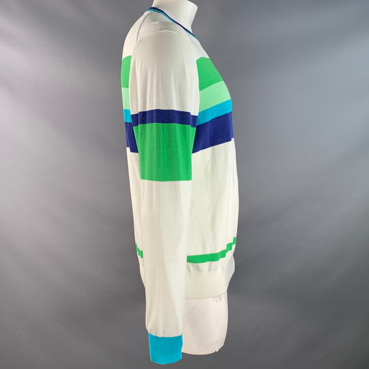 MR TURK Size XL White Blue Green Stripe Cotton Blend Crew Neck Pullover