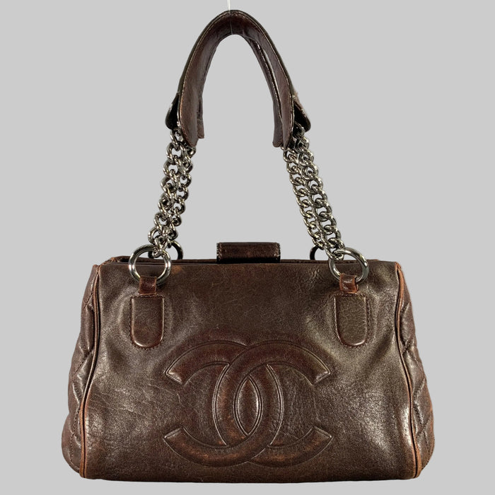 CHANEL Perfect Day FW 2007 Brown Gunmetal Quilted Calfskin Top Handles Handbag
