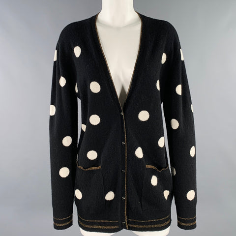 LE SUPERBE Size S Black White Wool Cashmere Polka Dot V-Neck Cardigan