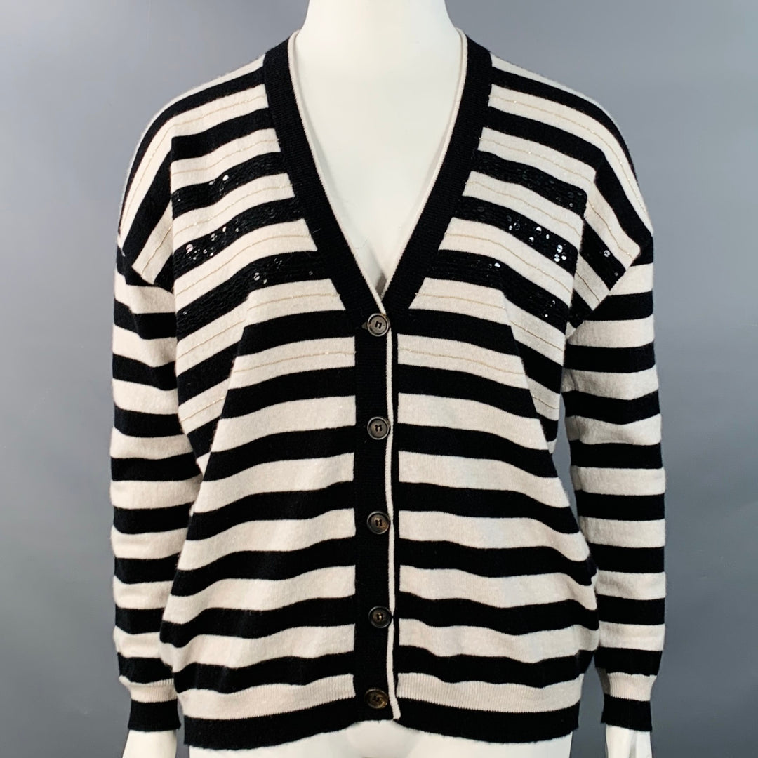 BRUNELLO CUCINELLI Size L Black White Cashmere Stripe Monili Beaded Sequined Cardigan