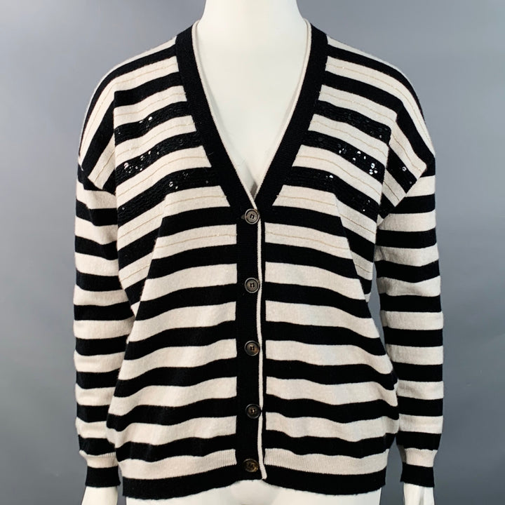 BRUNELLO CUCINELLI Size L Black White Cashmere Stripe Monili Beaded Sequined Cardigan