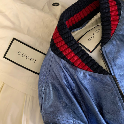 GUCCI Size 36 Blue Metallic Stripe Leather Bomber Jacket