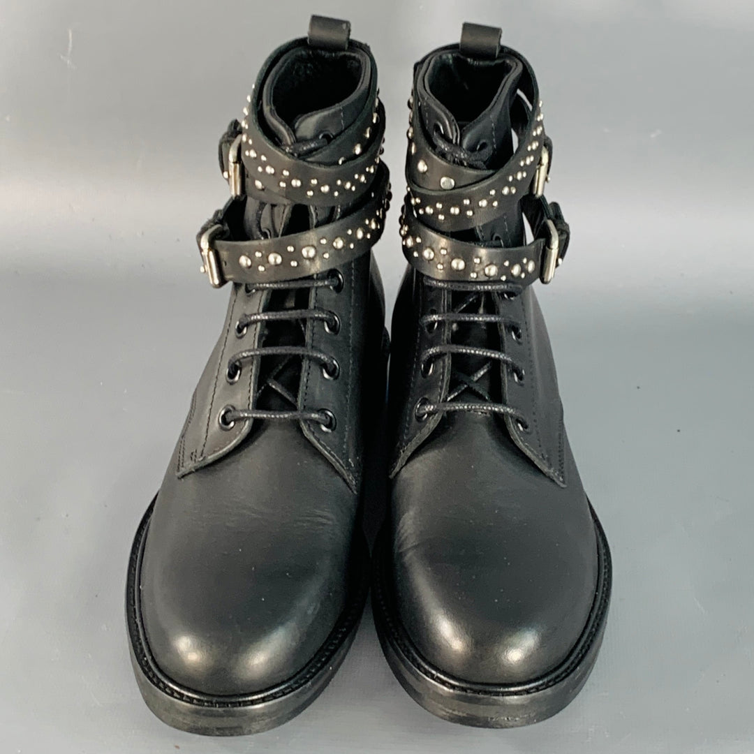 MAJE Size 6 Black Studded Leather Wrap Around Lace-Up Boots