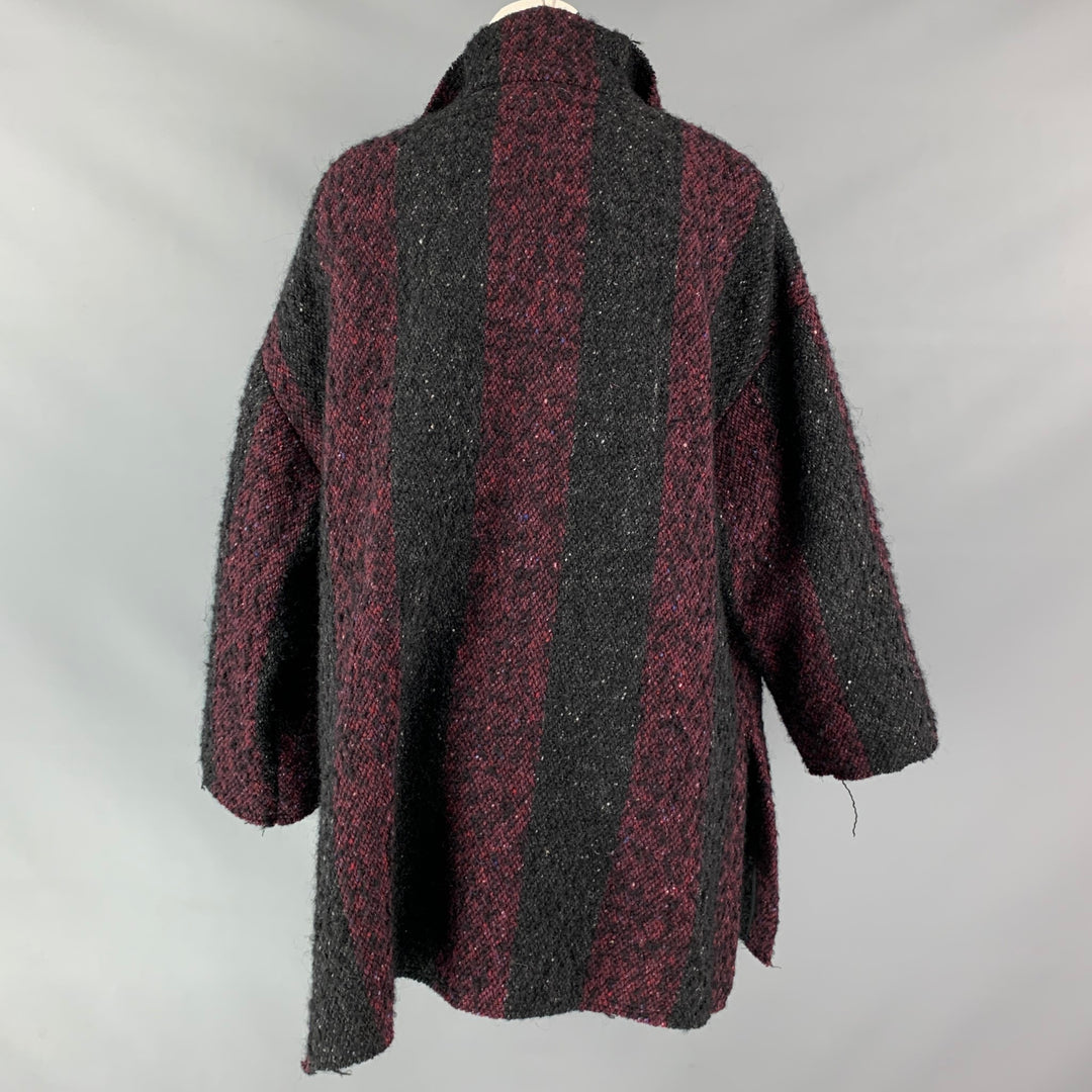 IRO Size 6 Beverly Black Burgundy Wool Blend Stripe Open Front Coat