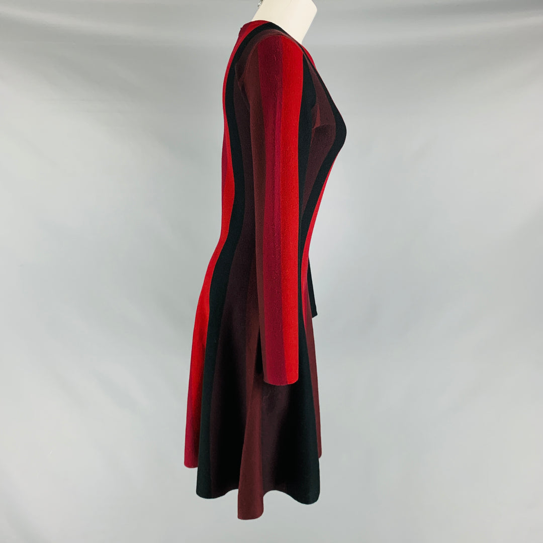 AKRIS Size 6 Burgundy Black Wool Stripe Long Sleeve Dress