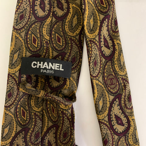 CHANEL Taupe Burgundy Paisley Silk Tie