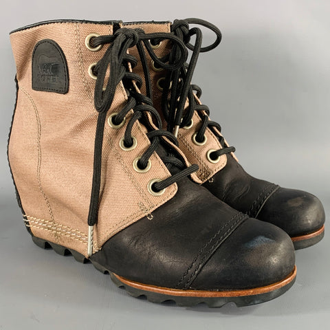 SOREL Size 7.5 Black Taupe Canvas Mixed Materials Wedge Boots