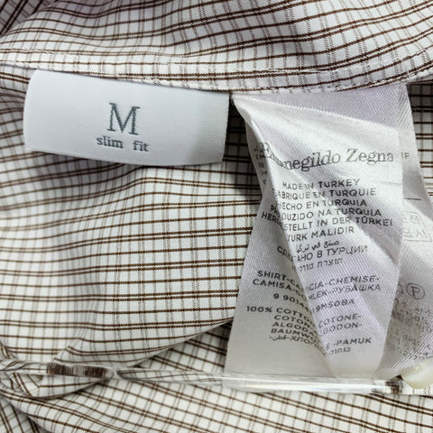 ERMENEGILDO ZEGNA Size L White Brown Checkered Cotton Slim Fit Long Sleeve Shirt