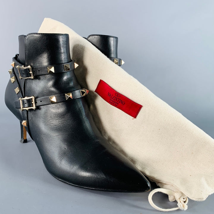 VALENTINO GARAVANI Size 8.5 Black Leather Rockstud Pointed Toe Stiletto Booties