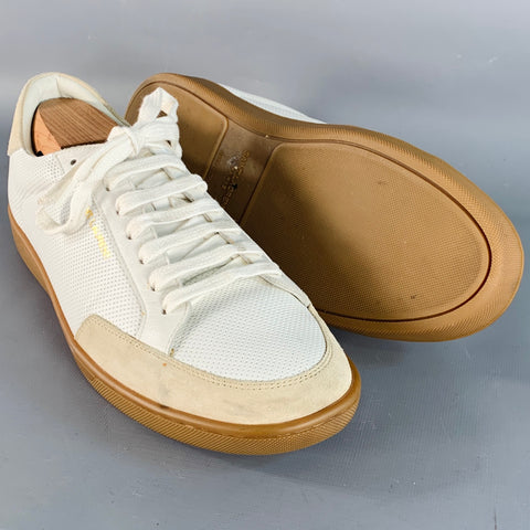SAINT LAURENT Size 9 White Beige Perforated Leather Sneakers