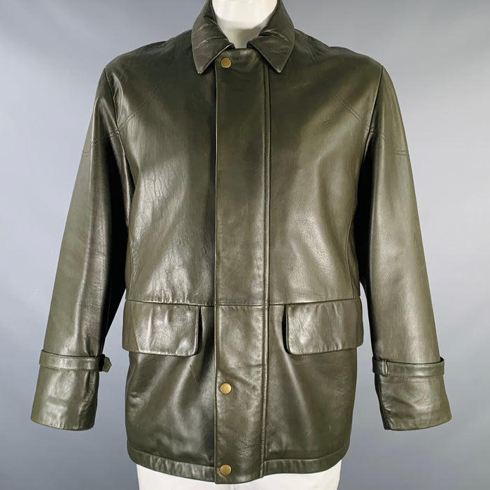 GIORGIO ARMANI Size 46 Green Leather Zip Snaps Jacket