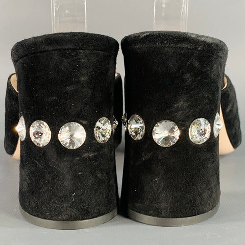 MIU MIU Size 11 Black Suede Rhinestone Peep Toe Sandals