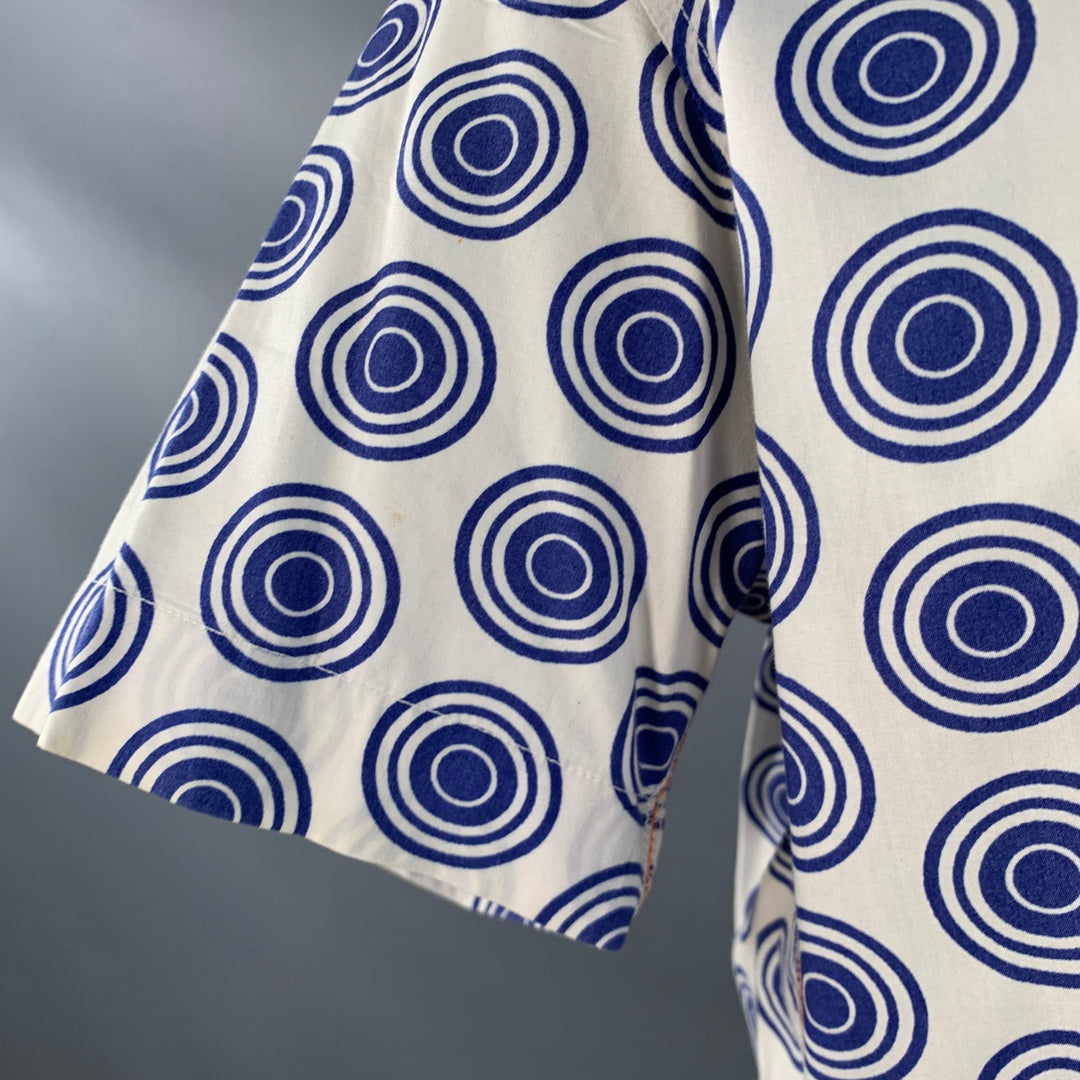 HUGO BOSS Size XL Blue White Circles Cotton Pointed Collar Short Sleeve Shirt
