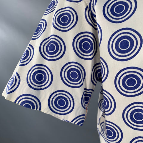 HUGO BOSS Size XL Blue White Circles Cotton Pointed Collar Short Sleeve Shirt