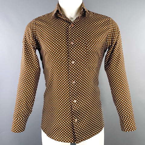 SEARS Size M Brown Cream Polka Dot Polyester One Pocket Long Sleeve Shirt