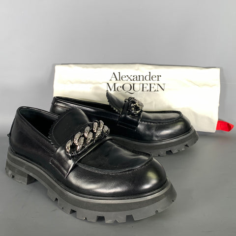ALEXANDER MCQUEEN Size 10 Black Silver Chain Leather Slip On Loafers