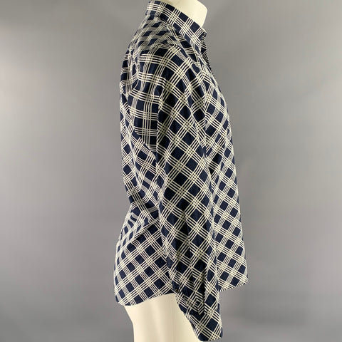 PRADA Size S Navy White Geometric Pointed Collar Long Sleeve Shirt