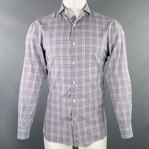 ISAIA Size M Grey White Purple Plaid Cotton Spread Collar Long Sleeve Shirt
