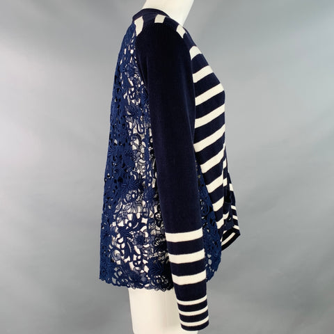 NO BRAND Size M Navy White Knit Stripe Lace Mixed Fabrics Cardigan