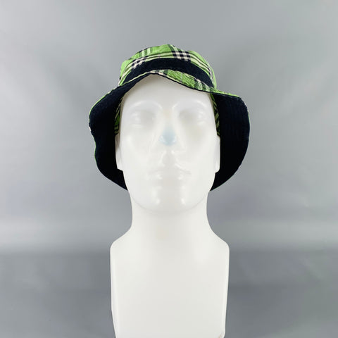 BURBERRY Green Navy Plaid Canvas Reversible Bucket Hat