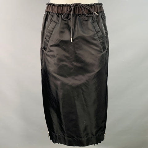 SACAI Size M Black Nylon Blend Pleated Zip Up Drawstring Midi Skirt
