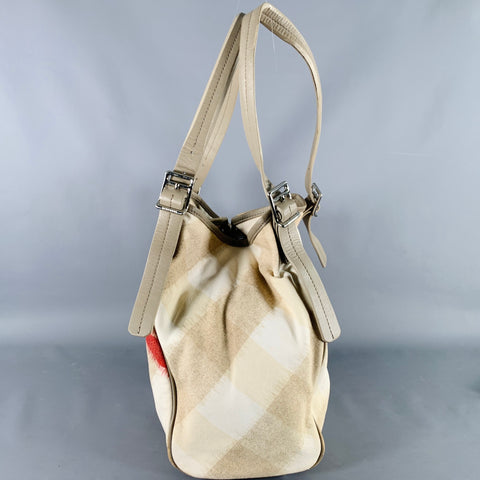 BURBERRY Beige Red Plaid Canvas Tote Handbag