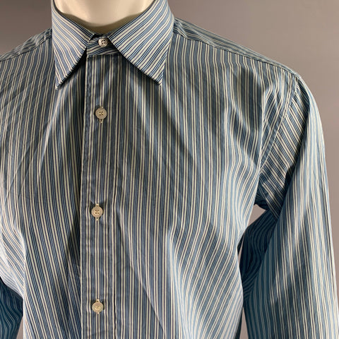 CHARVET Size M Blue White Navy Stripe Cotton Point Collar Long Sleeve Shirt