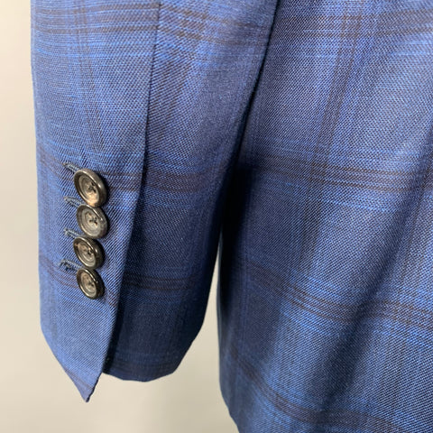 SARTORIO Veste de sport croisée en laine et lin à carreaux bleu et noir, taille 44