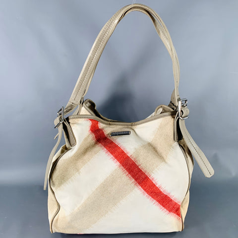 BURBERRY Beige Red Plaid Canvas Tote Handbag