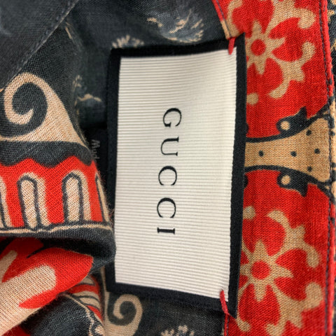 GUCCI Size L Gray Red Khaki Print Cotton Nehru Collar Long Sleeve Shirt