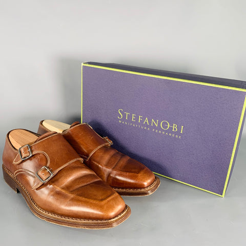 STEFANOBI Size 10 Brown Leather Double Monk Strap Loafers