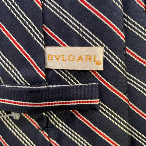BVLGARI Navy Red Diagonal Stripe Silk Tie