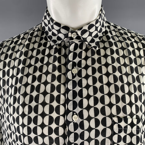 PENINSULA Size XL White Black Geometric Linen Short Sleeve Shirt