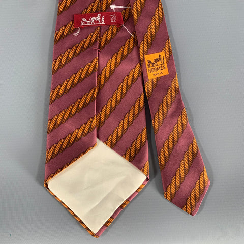 HERMES Orange Burgundy Rope Silk Cashmere Tie