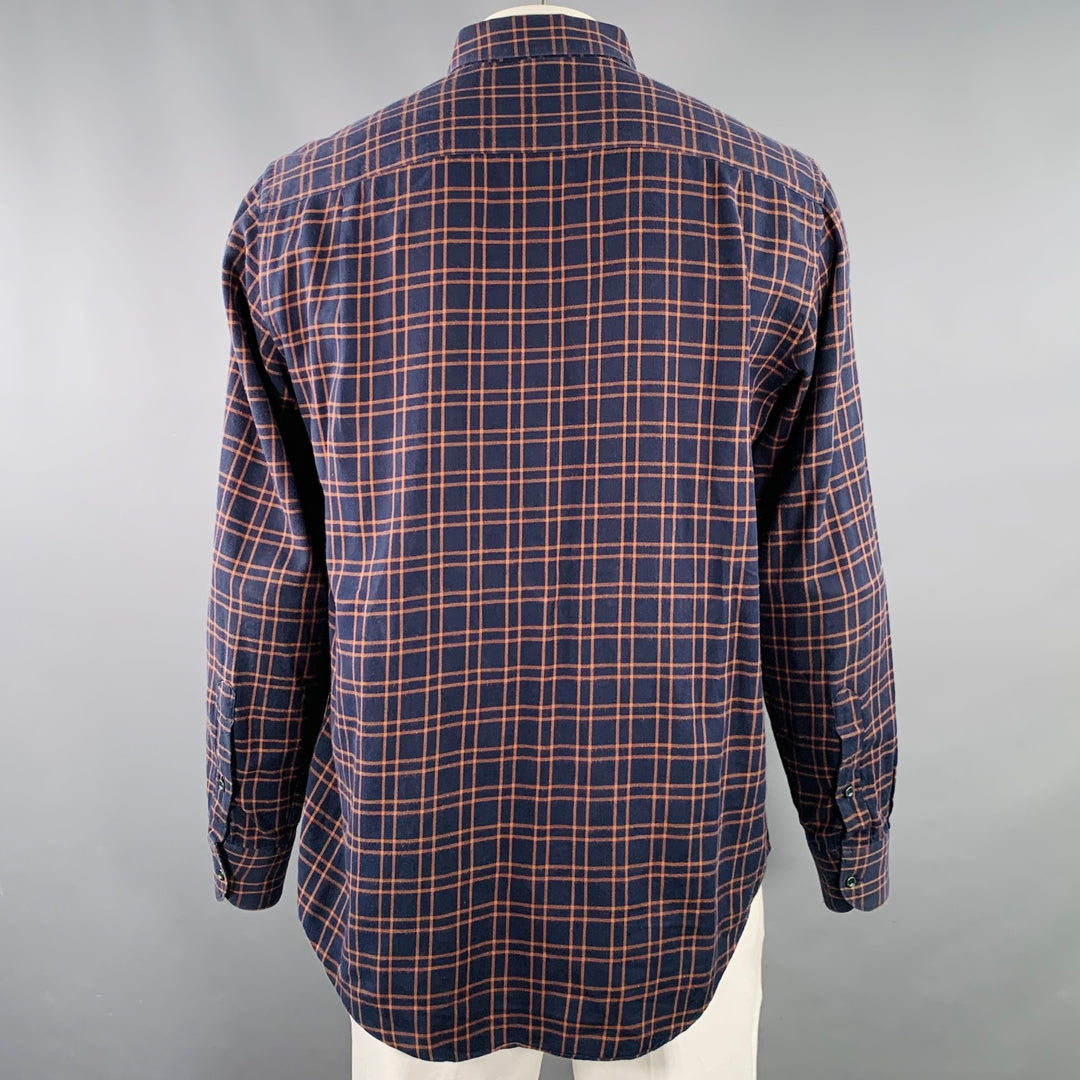 ADAM KIMMEL Size L Navy Orange Plaid Cotton Flannel Long Sleeve Shirt
