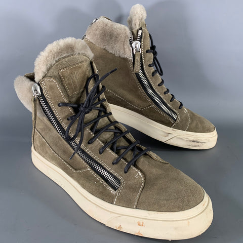 GIUSEPPE ZANOTTI Size 11 Green Olive Contrast Stitch Suede High Top Sneakers