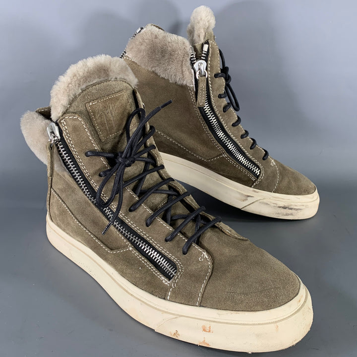 GIUSEPPE ZANOTTI Size 11 Green Olive Contrast Stitch Suede High Top Sneakers
